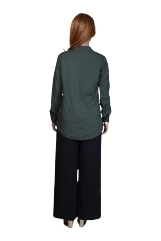 Veronica Women's Chinese Collar Full-Sleeve Button-Down Shirt- Dark Green  - Medium