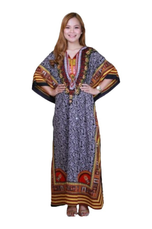 Veronica Printed Long Kaftan Dress- Black- Freesize