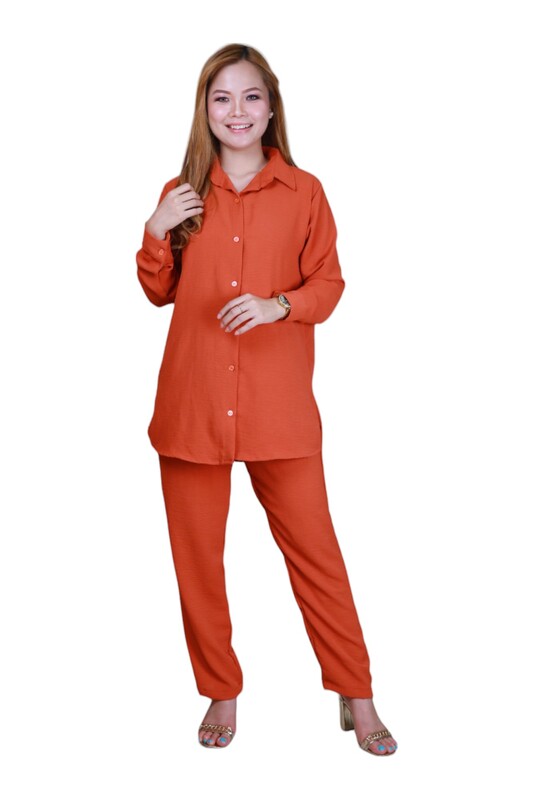 Elegant Comfortable 2-Piece Full Sleeves Co-ord Set -Rust  - Large