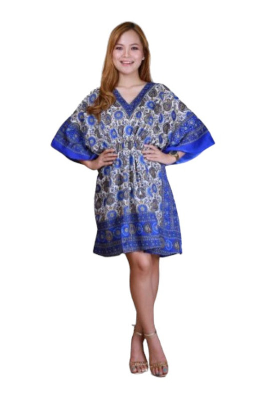 Veronica Printed Floral Short Kaftan Dress- Blue- Freesize