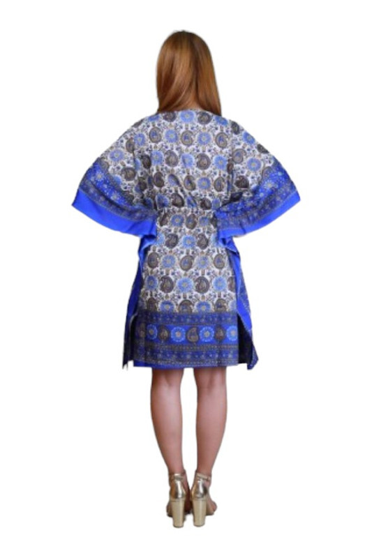 Veronica Printed Floral Short Kaftan Dress- Blue- Freesize