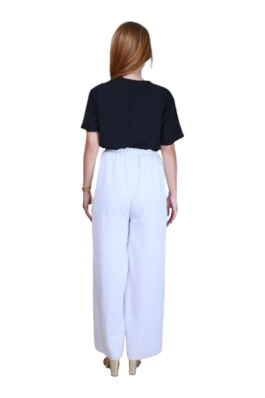 Veronica Women's High-Waisted Wide-Leg Pants with Button- White - Small