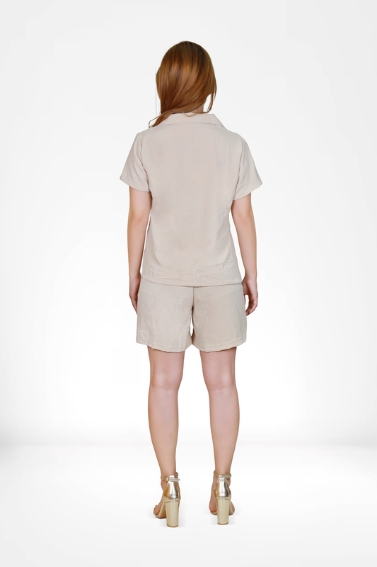 Casual Co-ords with Short Sleeve Shirt & Shorts- Beige -  Large