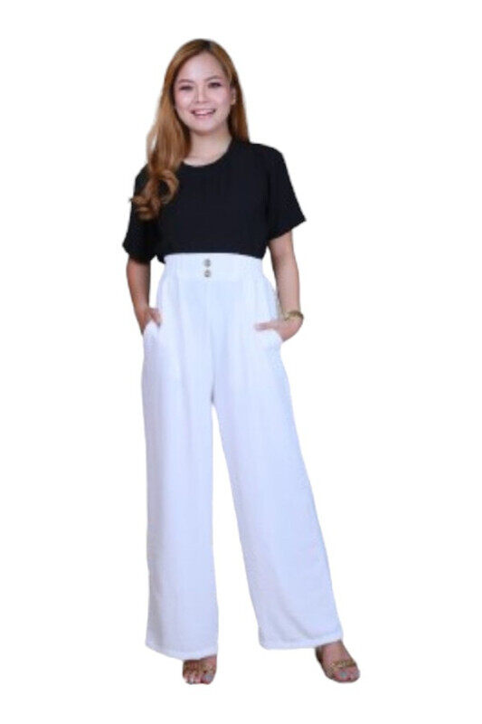 

Generic Veronica Women's High-Waisted Wide-Leg Pants with Button- White - Medium