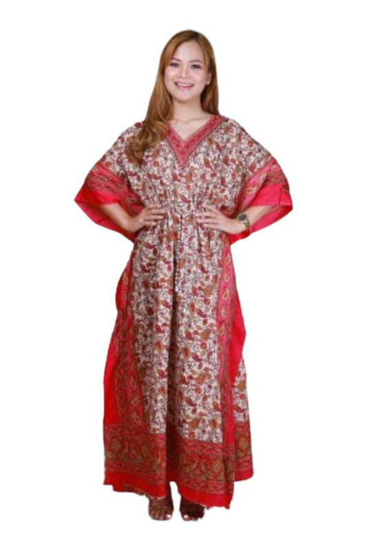 Veronica Long Floral Kaftan Dress- Red- Freesize