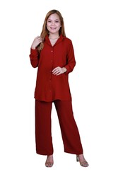 Elegant Comfortable 2-Piece Full Sleeves Co-ord Set -Red  - Large