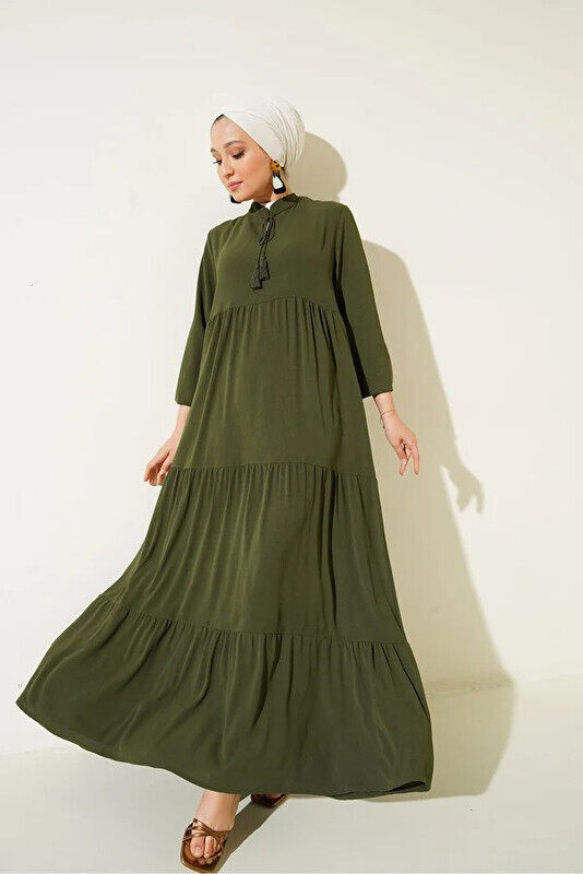 

Bigdart Collar Lace-up Hijab Dress - Dark khaki