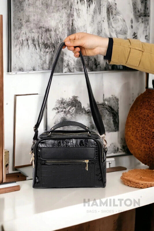 Women's Crossbody and Handbag with Adjustable Strap Leather Patent Leather Three-Eye Large Stylish Shoulder and Hand Bag - Black