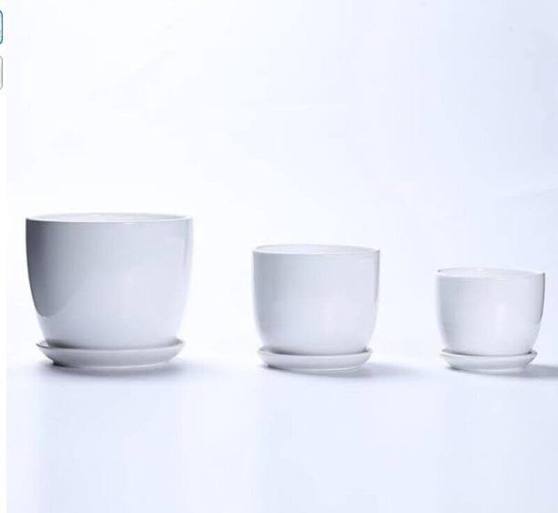 

generic Presents Set of 3 Ceramic Plant Pots, Flower Pot Indoor with Saucers, White Ceramic Planters, Small to Medium Sized Round Modern Garden Pots.
