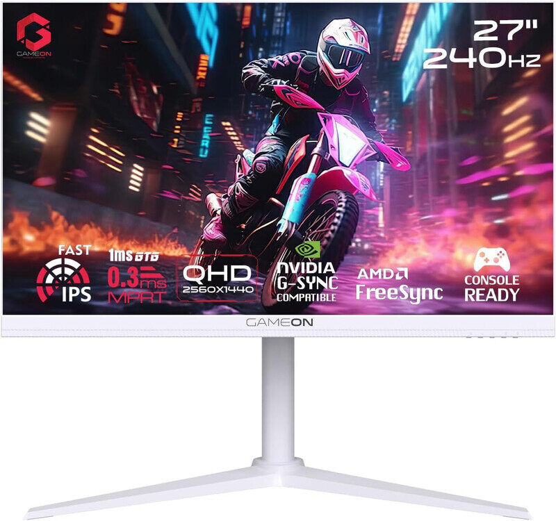 

GAMEON GOA27QHD240IPS Arctic Pro-Series 27" White Gaming Monitor, 2560x1440p 2K QHD, Fast IPS Panel, 240Hz, 0.3ms, HDMI 2.1, FreeSync & G-Sync, Crossh