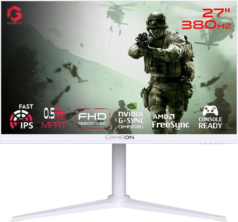 

GAMEON GOAP27FHD380IPS Arctic Pro-Series 27" White Gaming Monitor, 1920x1080p FHD, Fast IPS Panel, 380Hz, 0.5ms, HDMI 2.1, FreeSync & G-Sync, HDR, PS5