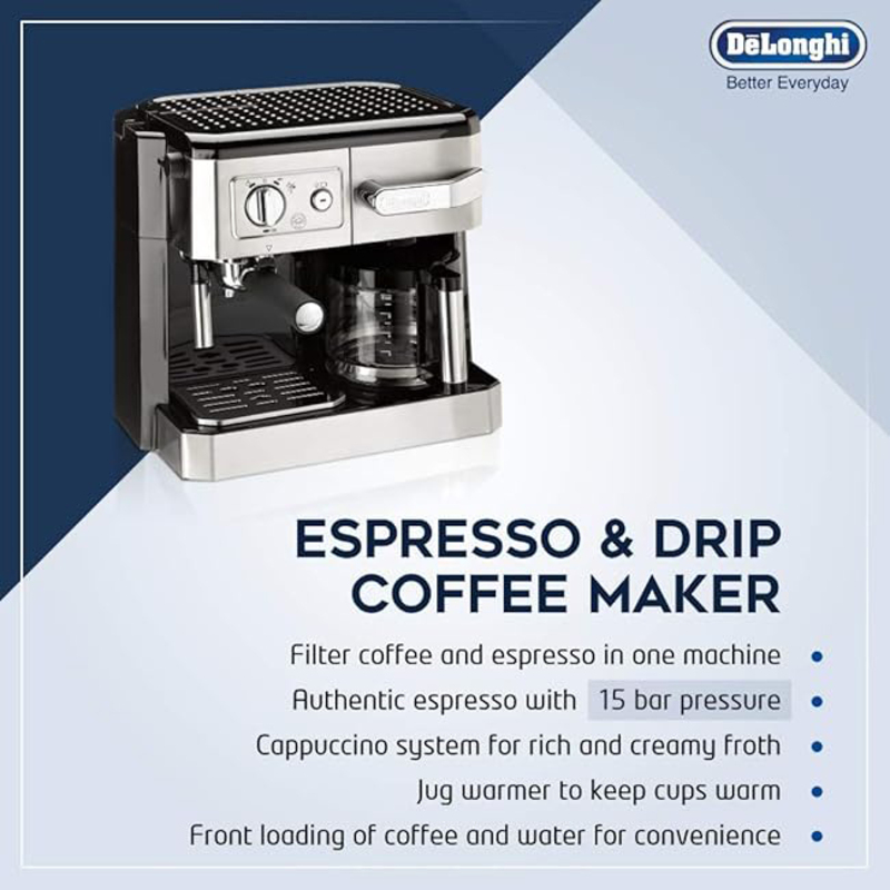 Delonghi Combi Espresso & Filter Coffee Machine, BCO420, Silver