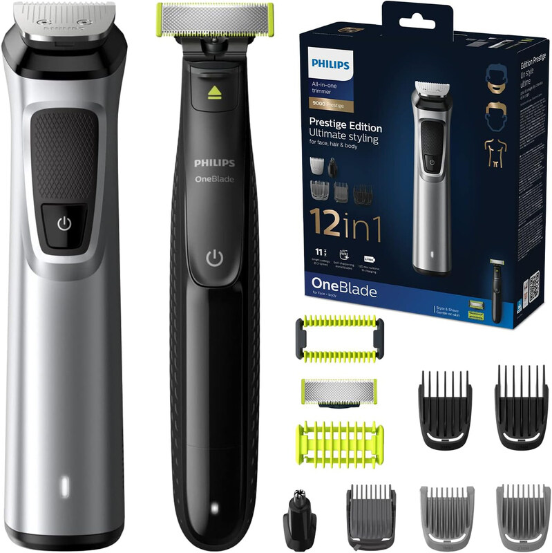 

Philips 9000 Series 12-in-1 Beard Trimmer Face, Body and Hair + OneBlade Face and Body, MG9710/90, Black