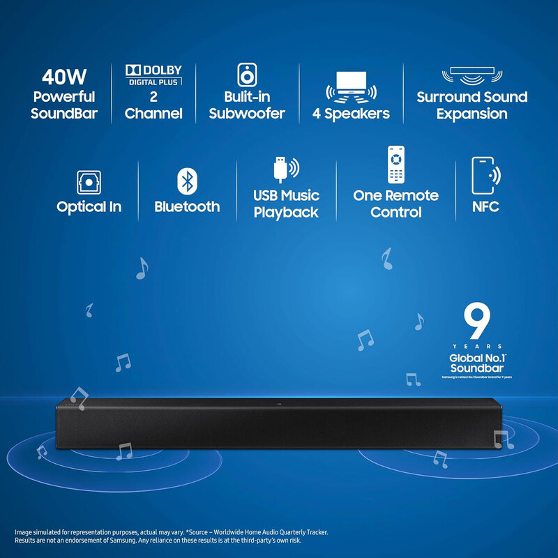 Samsung HW-T400/XL 2.0 Channel Sound Bar with Built-in Subwoofer, Black