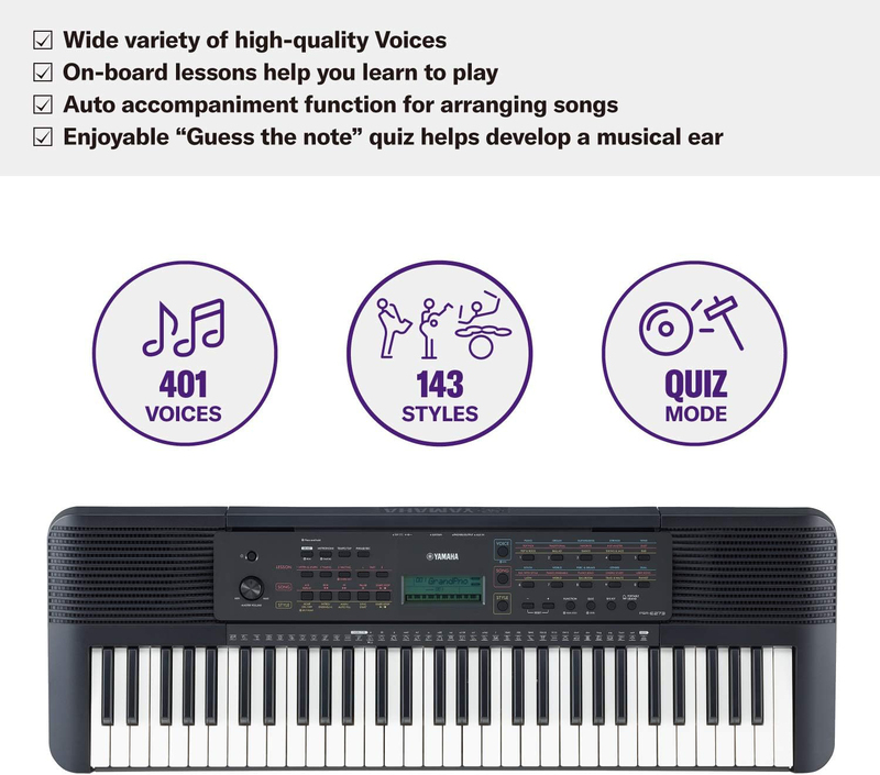 Yamaha PSRE273 Portable Keyboard, 61 Keys, Black