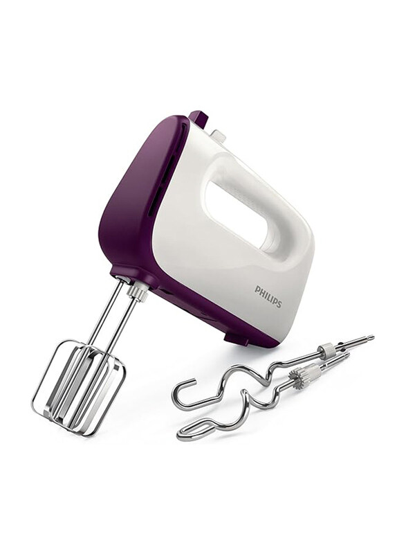 

Philips Viva Collection Hand Mixer Stainless Steel Hooks 5 Speeds + Turbo Double Balloon Beater + Kneading Tool, White/Purple