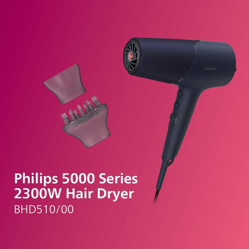 Philips 5000 Series Hair Dryer with ThermoShield Technology, 2300W, BHD510/00, Black