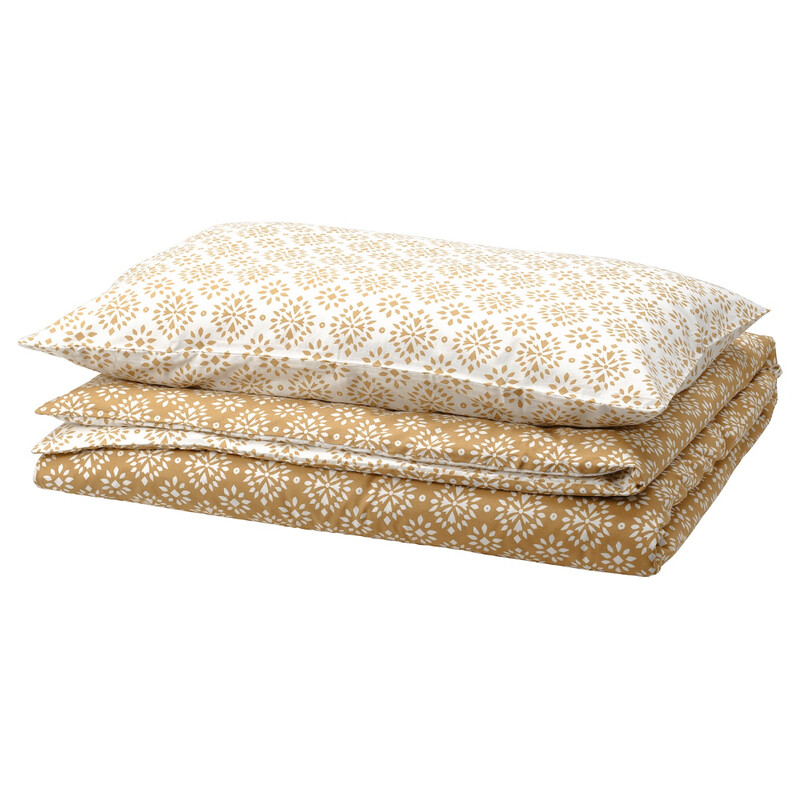 

KANTDRACENA Duvet cover and pillowcase, yellow-beige/white, 150x200/50x80 cm