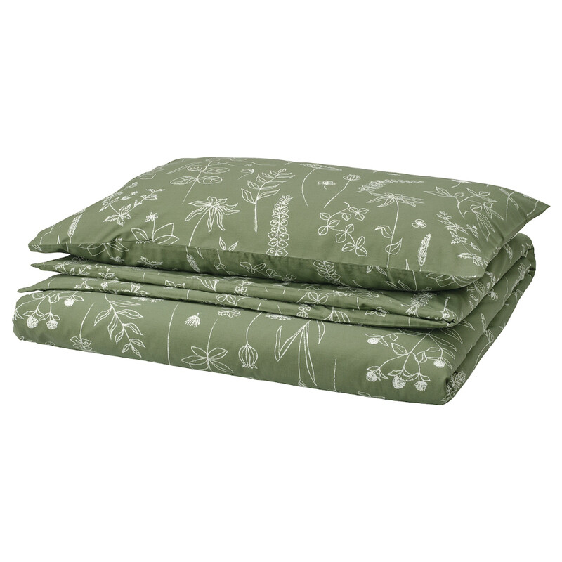 

JATTEVALLMO Duvet cover and pillowcase, green/floral pattern, 150x200/50x80 cm