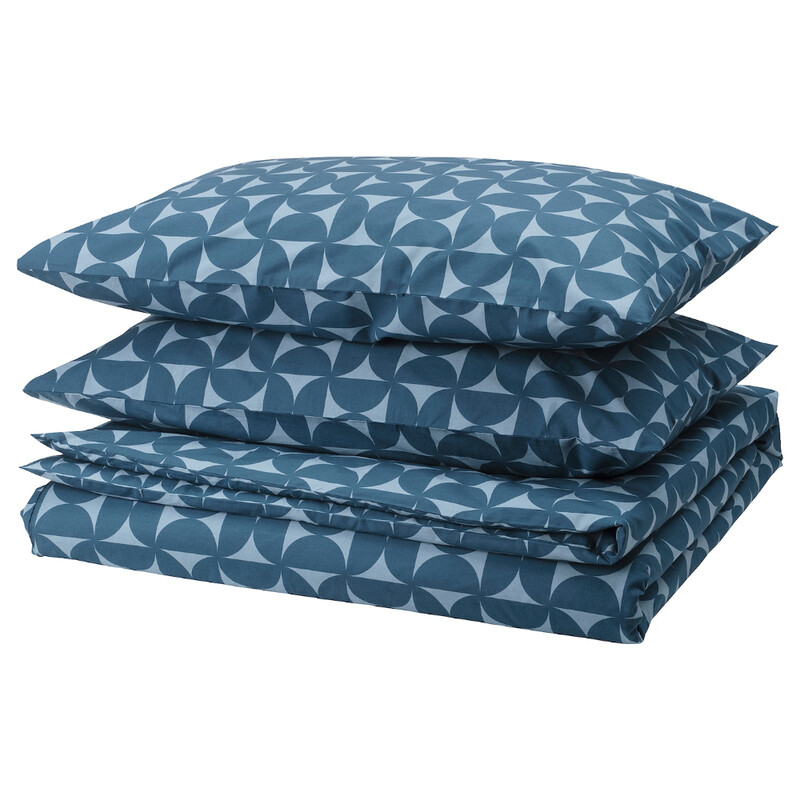 

POANG Duvet cover and 2 pillowcases, dark blue/light blue, 240x220/50x80 cm