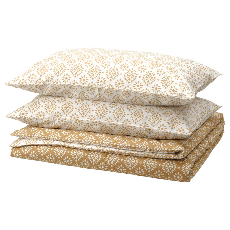 

KOPPARBLAD Duvet cover and 2 pillowcases, yellow-beige/white, 240x220/50x80 cm