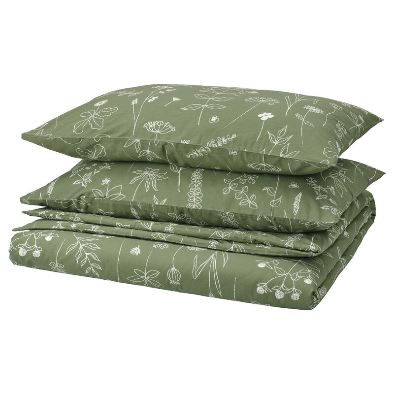 

ORMANGSFLY Duvet cover and 2 pillowcases, green/floral pattern, 240x220/50x80 cm