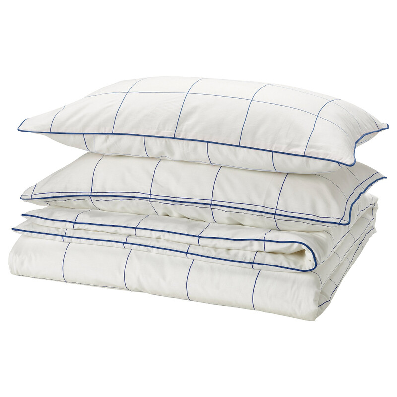 

STRUTBRAKEN Duvet cover and 2 pillowcases, white blue/check, 240x220/50x80 cm