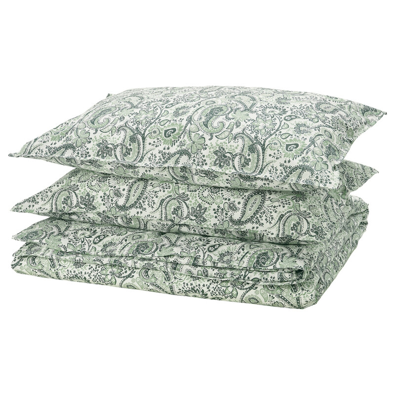 

KRAKKRASSING Duvet cover and 2 pillowcases, green/white, 240x220/50x80 cm