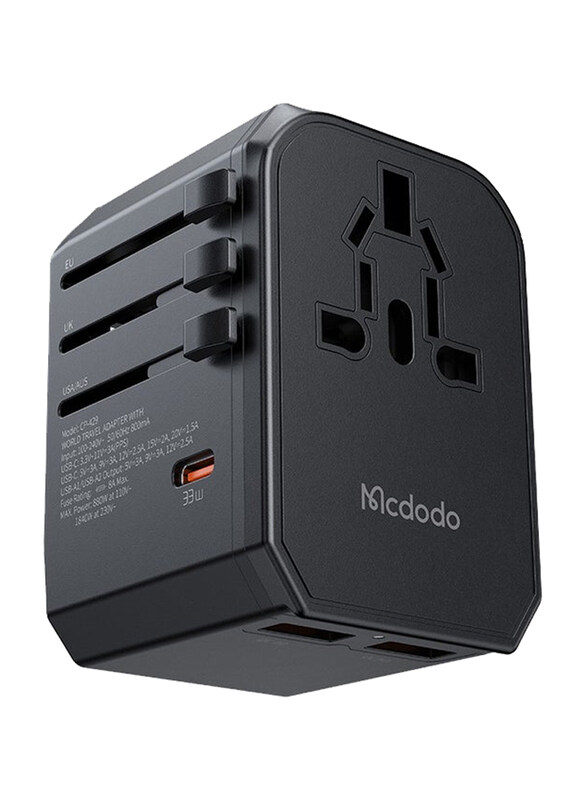 

Mcdodo Ultra-Versatile Travel International Power Adapter 3 USB + 1 Type-C 1.2-Meter Fast Charger Cable with UK/US/AU/EU Plugs, 33W, Black