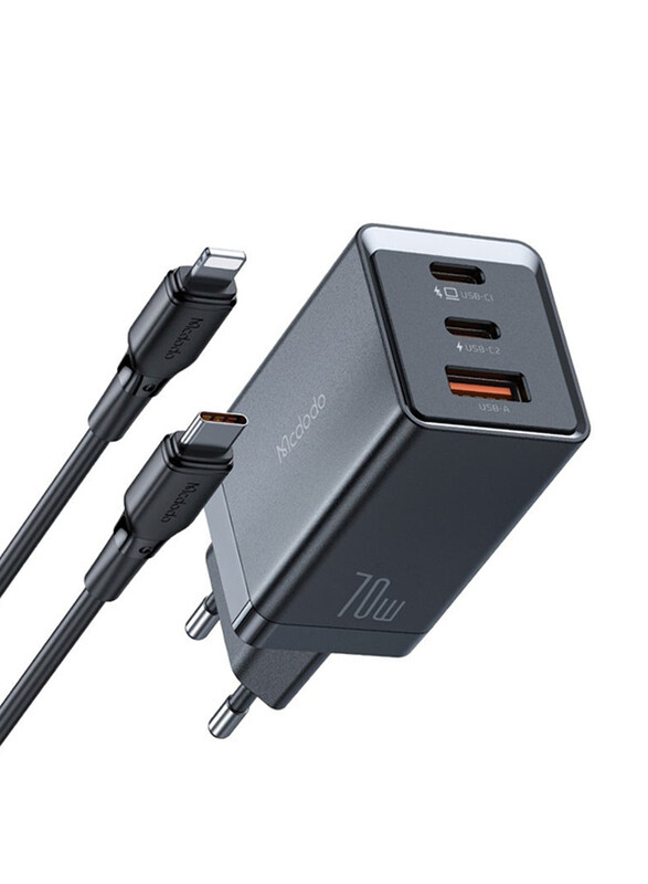 

Mcdodo GaN 5 Mini Dual USB-C & USB-A Ports 1.2-Meter USB-C to Lightning & Fast Charger Cable Pro Set, 70W, Black