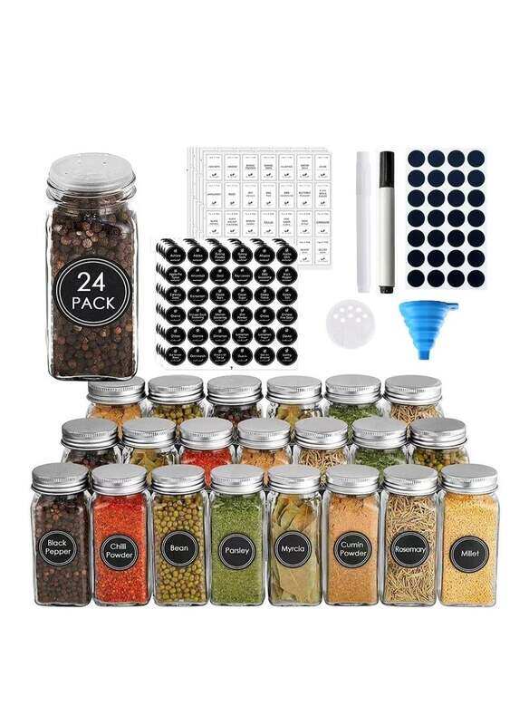 

MahMir 24 Pcs Spice Jars with Labels - 4 oz Glass Spice Jars with Metal Lids, 120 Labels Stickers, Shaker Lids, Collapsible Funnel, 2 Pens, Seasoning