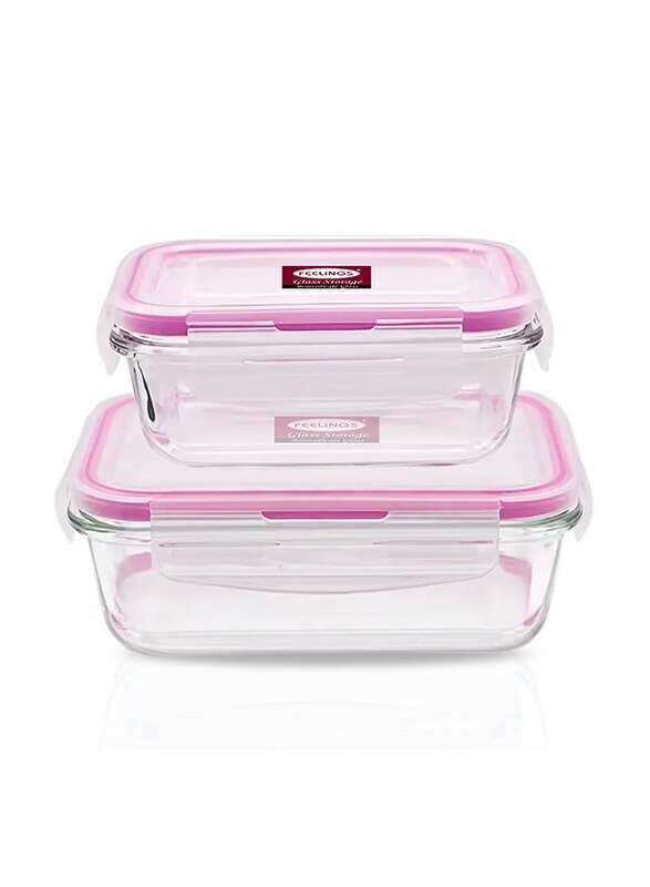 

Glass Storage Food Container 2Pcs 600+400ml With Pink Silicone Lid Clear 19x14x12cm