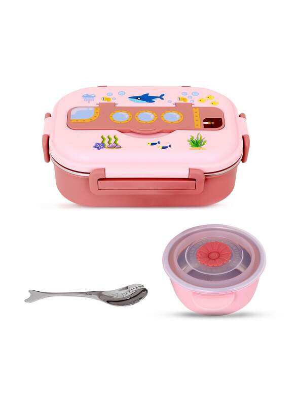 

OneLine Lunch Box for Kids with Stainless Steel Flatware Set Soup Bowl and Spoon Bento Box with Sea World Theme Leak Proof Durable Snack Container for