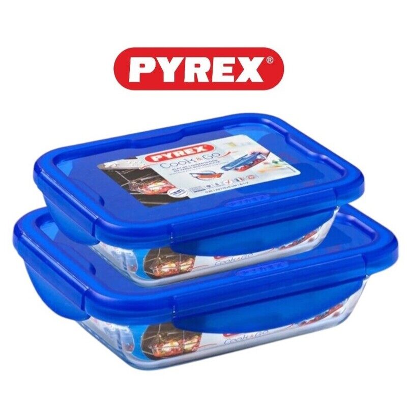 

Pyrex Cook&Go Set of 2 (0.8L+1.7L) Rectangle Storage Dish with Blue Lid - Airtight, Versatile, Freezer-to-Oven Solution