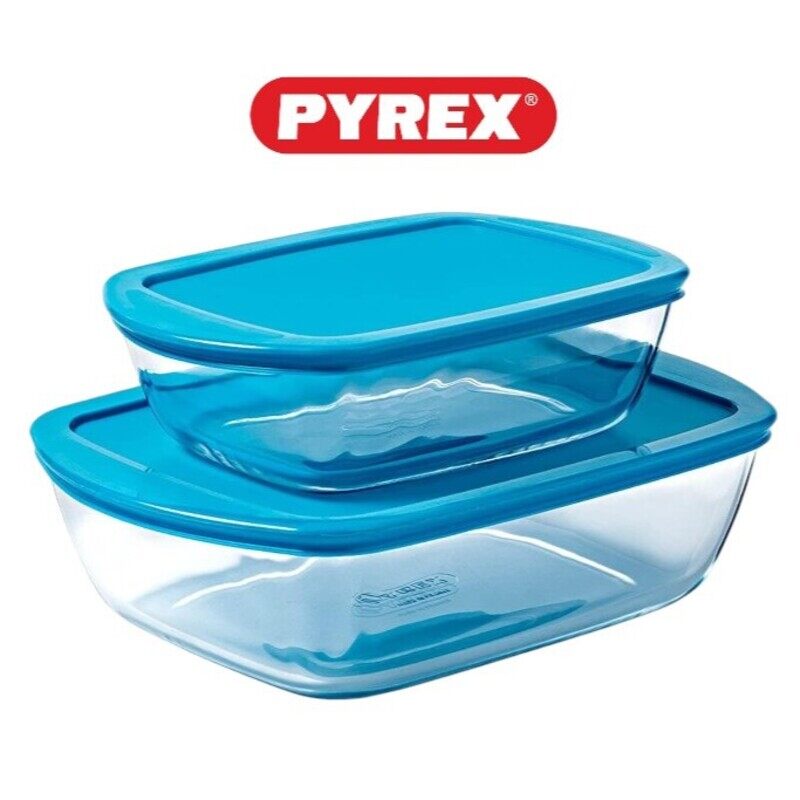 

Pyrex Cook&Store Set of 2 (1.1L + 2.5L) Rectangular Roaster with Blue Lids