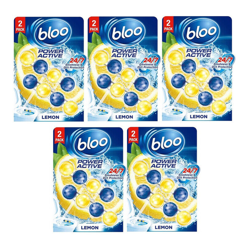 

Bloo Power Active Balls Lemon Twin 2x50g - PACK of 5 - 4-in-1 Toilet Rim Block with Cleaning Foam, Anti-Limescale, Dirt Protection & Fresh Lemon Scent