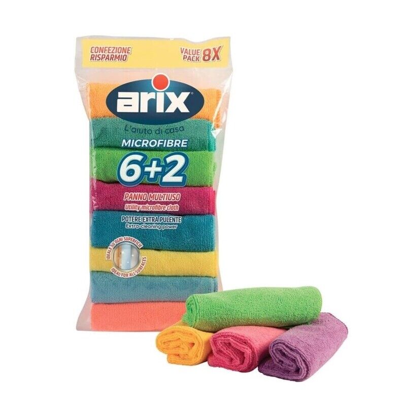 

Arix Utility Microfiber Cloths 8-pcs Multipack Assorted Colors - Versatile Cleaning for All Surfaces