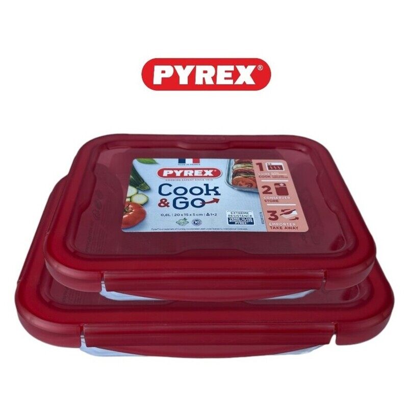 

Pyrex Cook&Go Storage Dish Set 0.8L+1.9L Rectangular Glass Containers with Red Lid - Airtight, Versatile, Freezer-to-Oven Solution