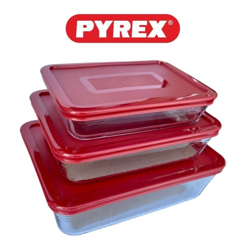 

Pyrex 3-in-1 Rectangular Glass Baking Dish Set (1.5L+0.8L+2.6L) with Red Lids