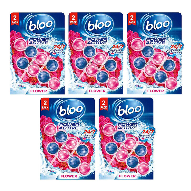 

Bloo Power Active Balls Flowers Twin 2x50g - PACK of 5 - Floral Fragrance Toilet Rim Block with Blue Water, Foaming Action & Anti-Limescale Protection