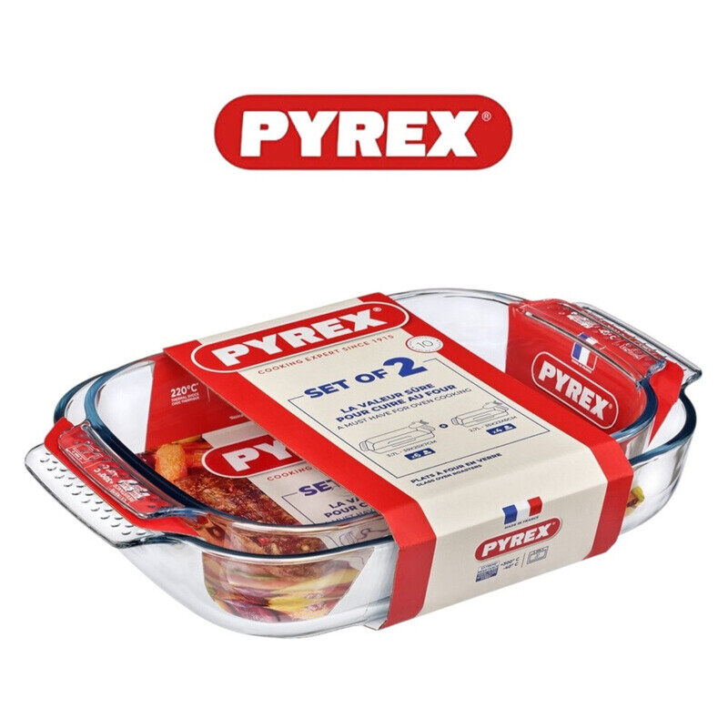 

Pyrex Set of 2 Rectangular Glass Oven Roasters (3.7L + 2.7L) - Oven, Microwave, Freezer, and Dishwasher Safe