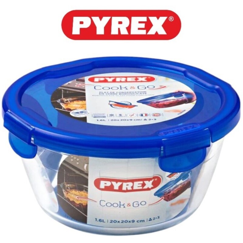 

Pyrex Cook&Go 1.6L Round Storage Dish with Blue Lid - Airtight, Versatile, Freezer-to-Oven Solution