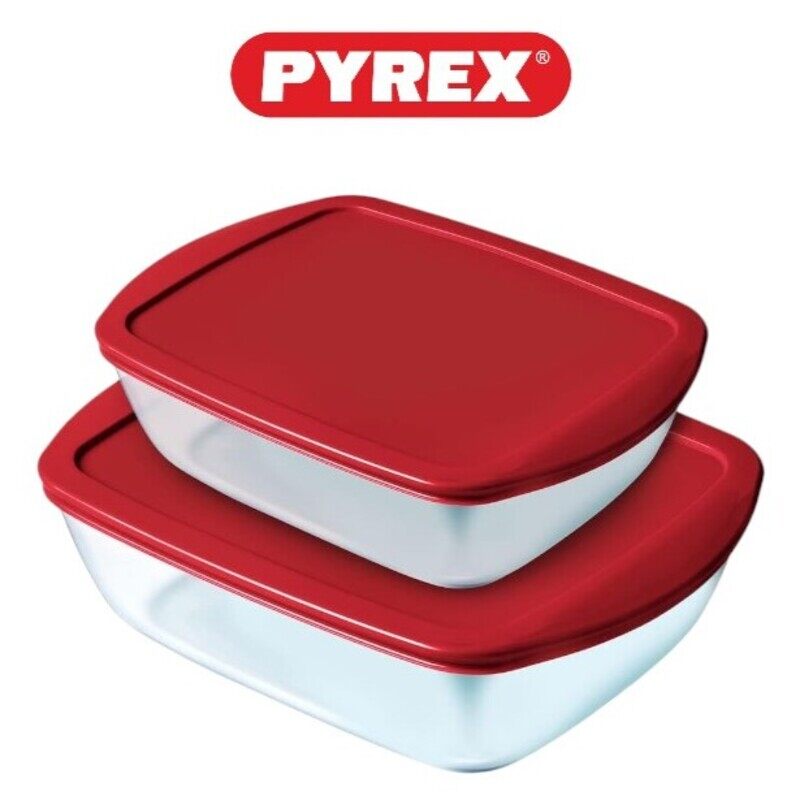 

Pyrex Cook&Store Set of 2 (1.2L + 2.5L)Rectangular Roaster with Red Lids