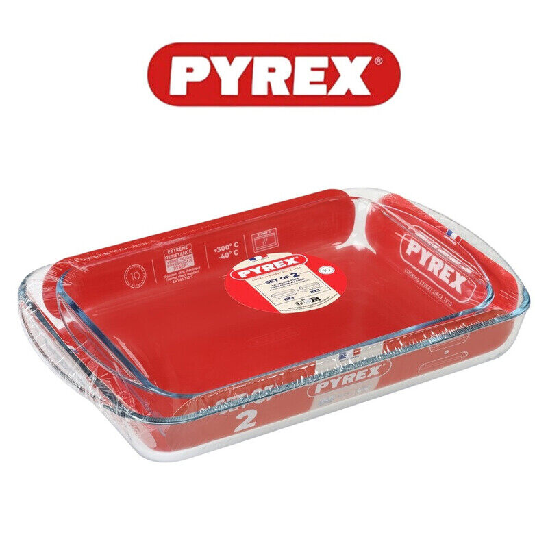 

Pyrex Essentials Set of 2 Rectangular Glass Roasters (3.7L+2.6L) for Roasting, Baking, and Cooking