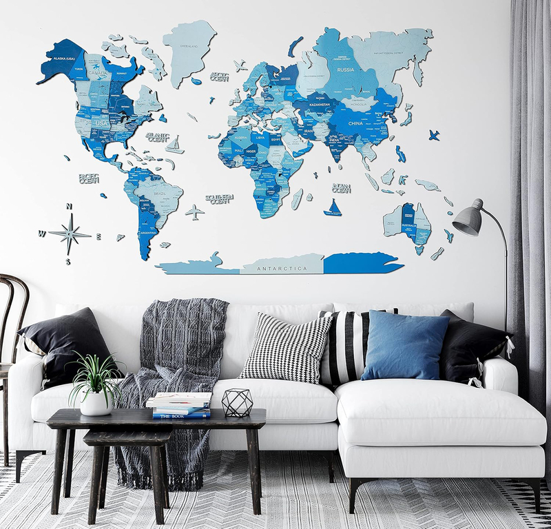 Enjoy The Wood 3D Elegant Wooden Map Wall Art, M, 100x60cm, Azure