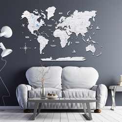 Enjoy The Wood 3D Elegant Wooden World Map Decor Handcrafted and Stylish Wall Art, XXL, 300x175cm, White