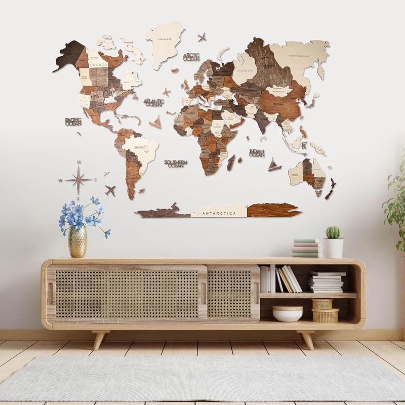 Enjoy The Wood 3D Unique Wooden World Map Decor Wall Art, M, 100x60cm, Multicolour