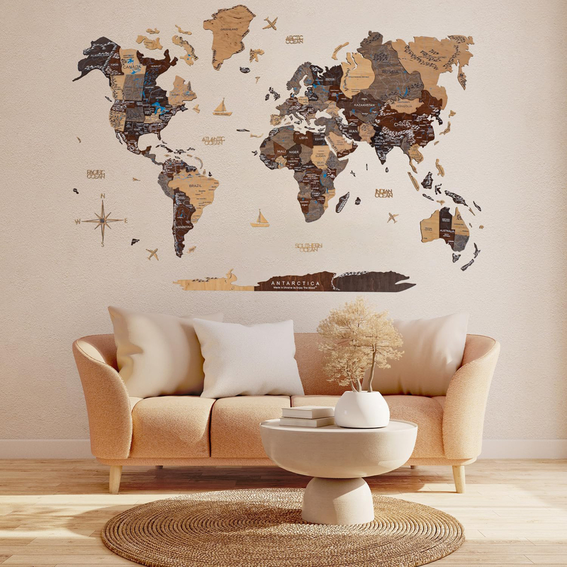 Enjoy The Wood 3D Elegant Wooden World Map Decor Wall Art, M, 100x60cm, Multicolour Prime+