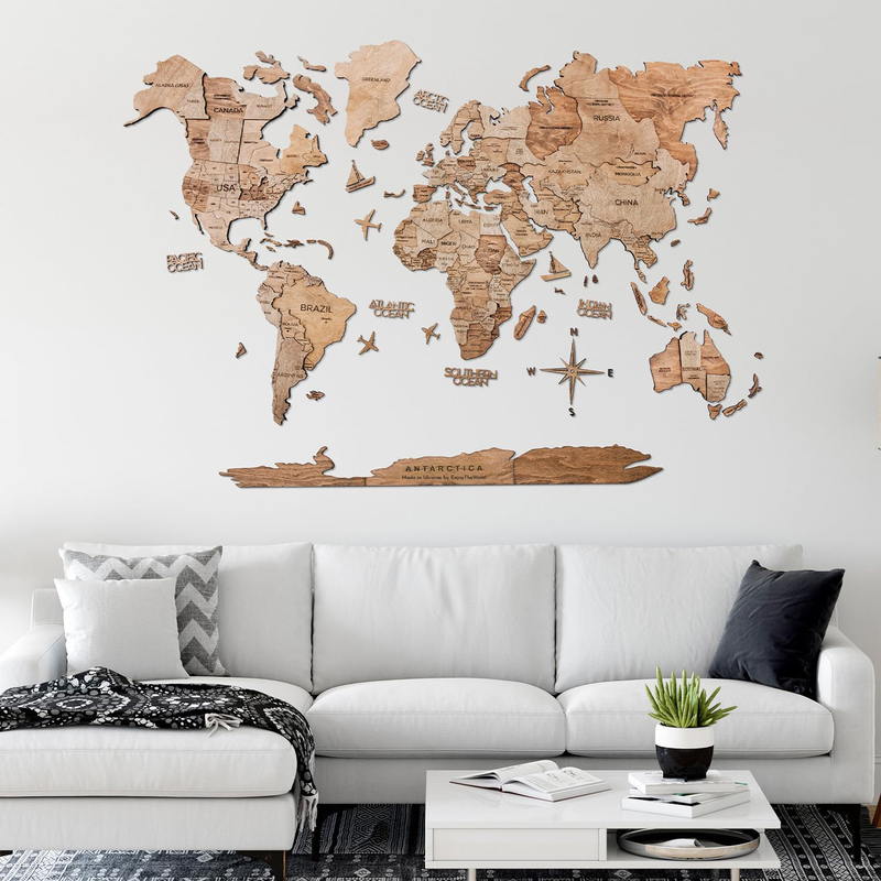 Enjoy The Wood 3D Elegant Wooden World Map Decor Wall Art, XL, 200x120cm, Terra Color