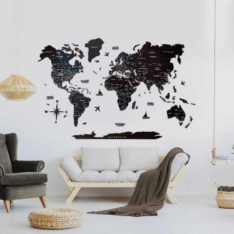 Enjoy The Wood 3D Elegant Wooden World Map Decor Handcrafted and Stylish Wall Art, XL, 200x120cm, Midnight